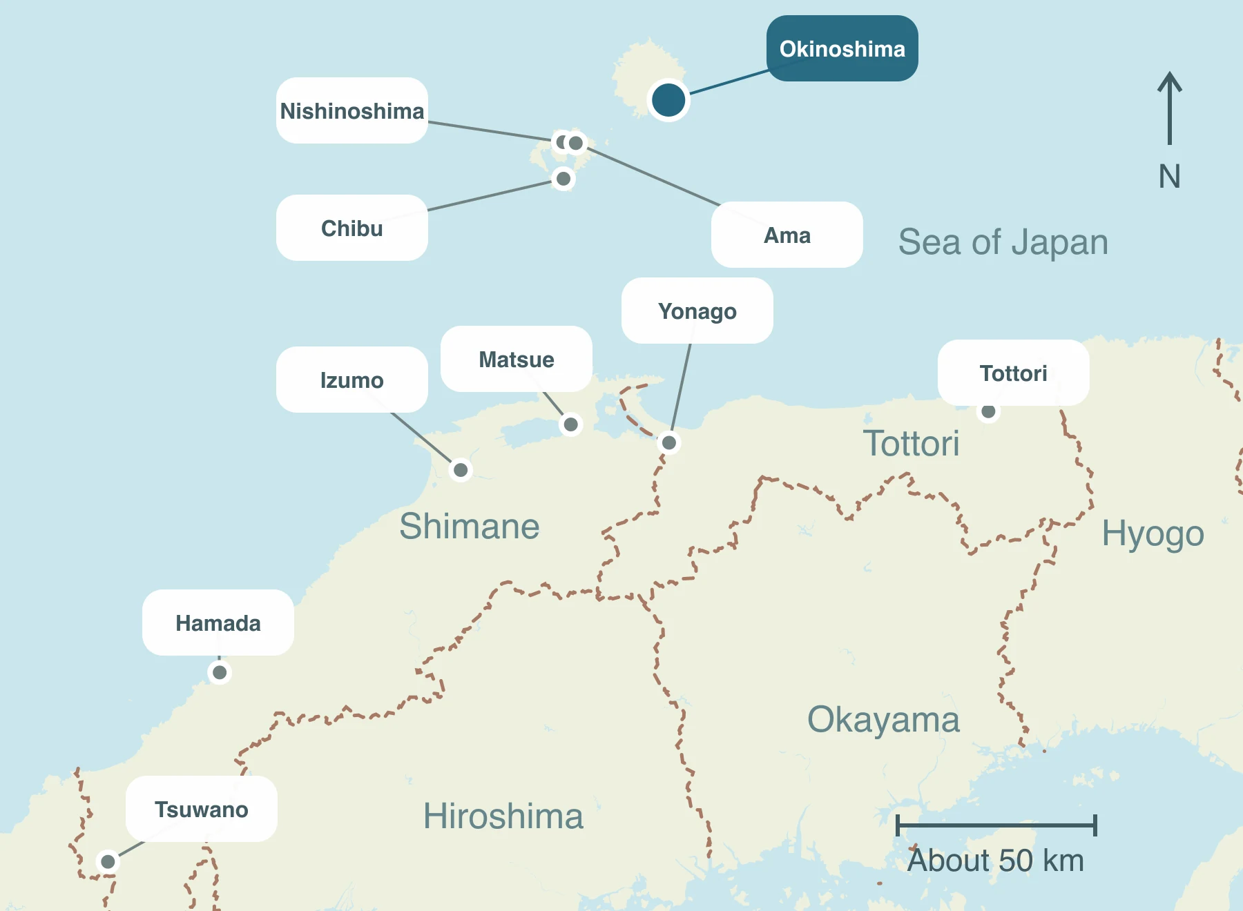 Map showing Okinoshima Town and nearby regions within Sanin