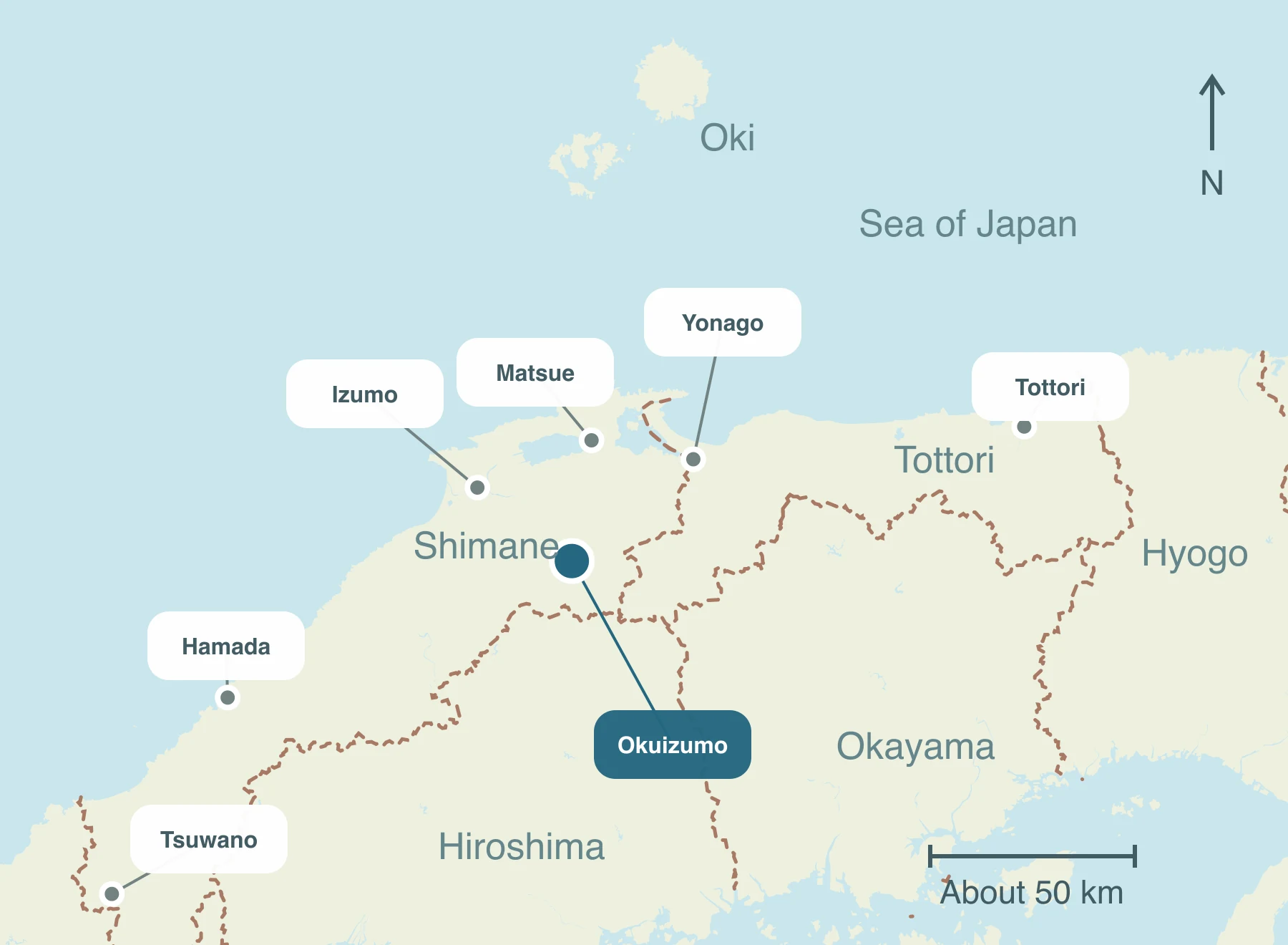 Map showing Okuizumo and nearby regions within Sanin