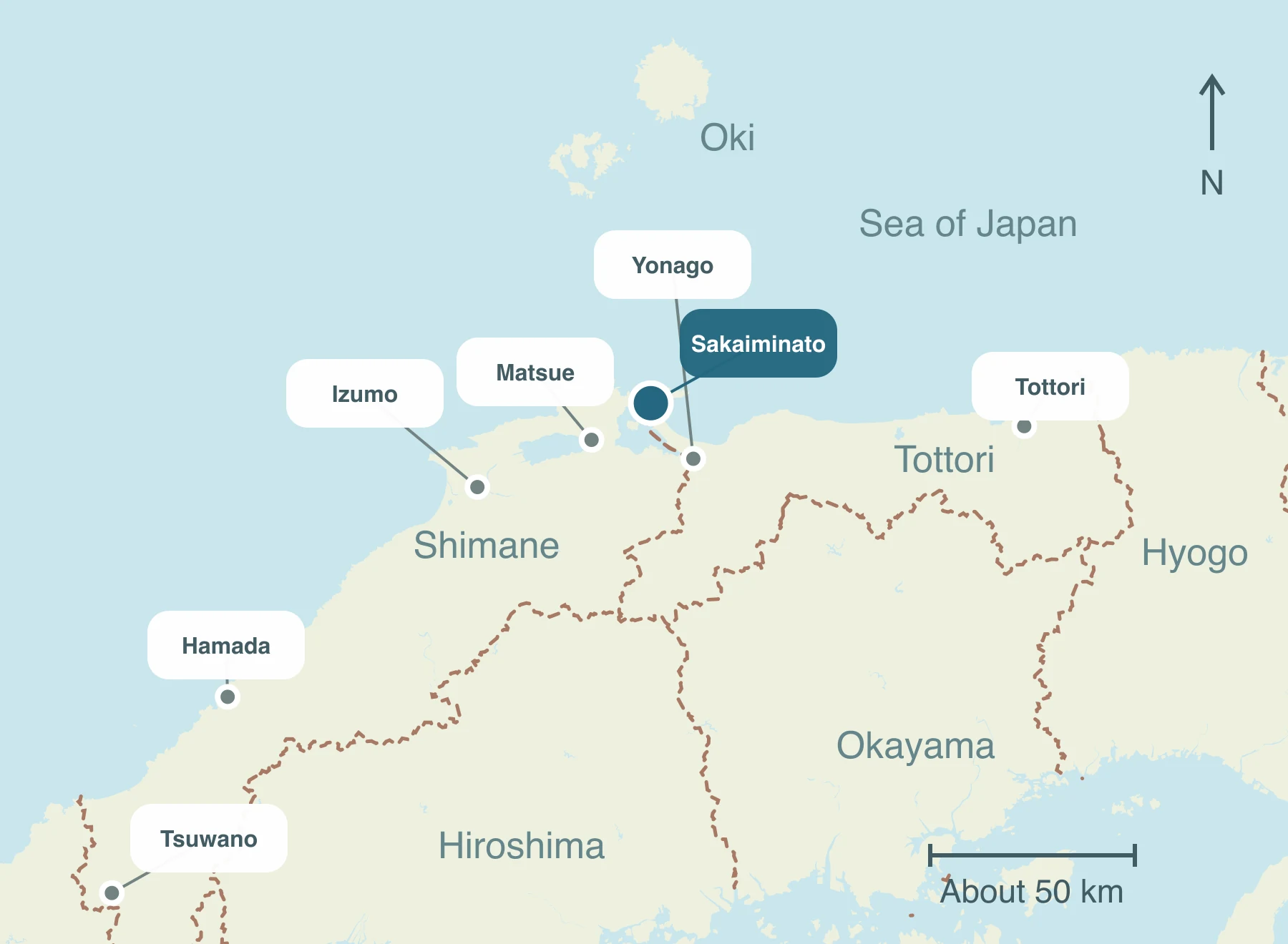 Map showing Sakaiminato and nearby regions within Sanin