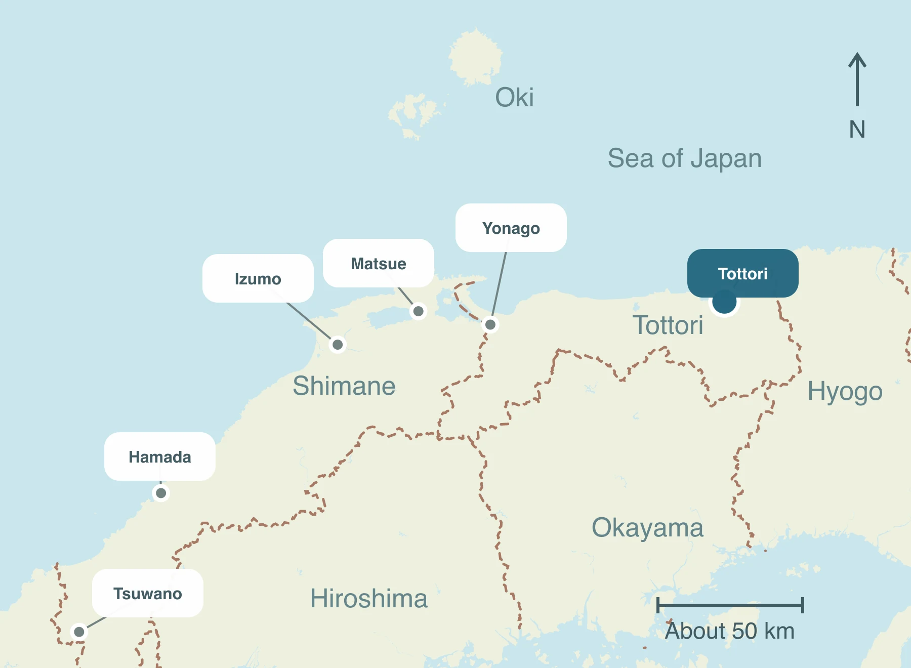 Map showing Tottori City and nearby regions within Sanin