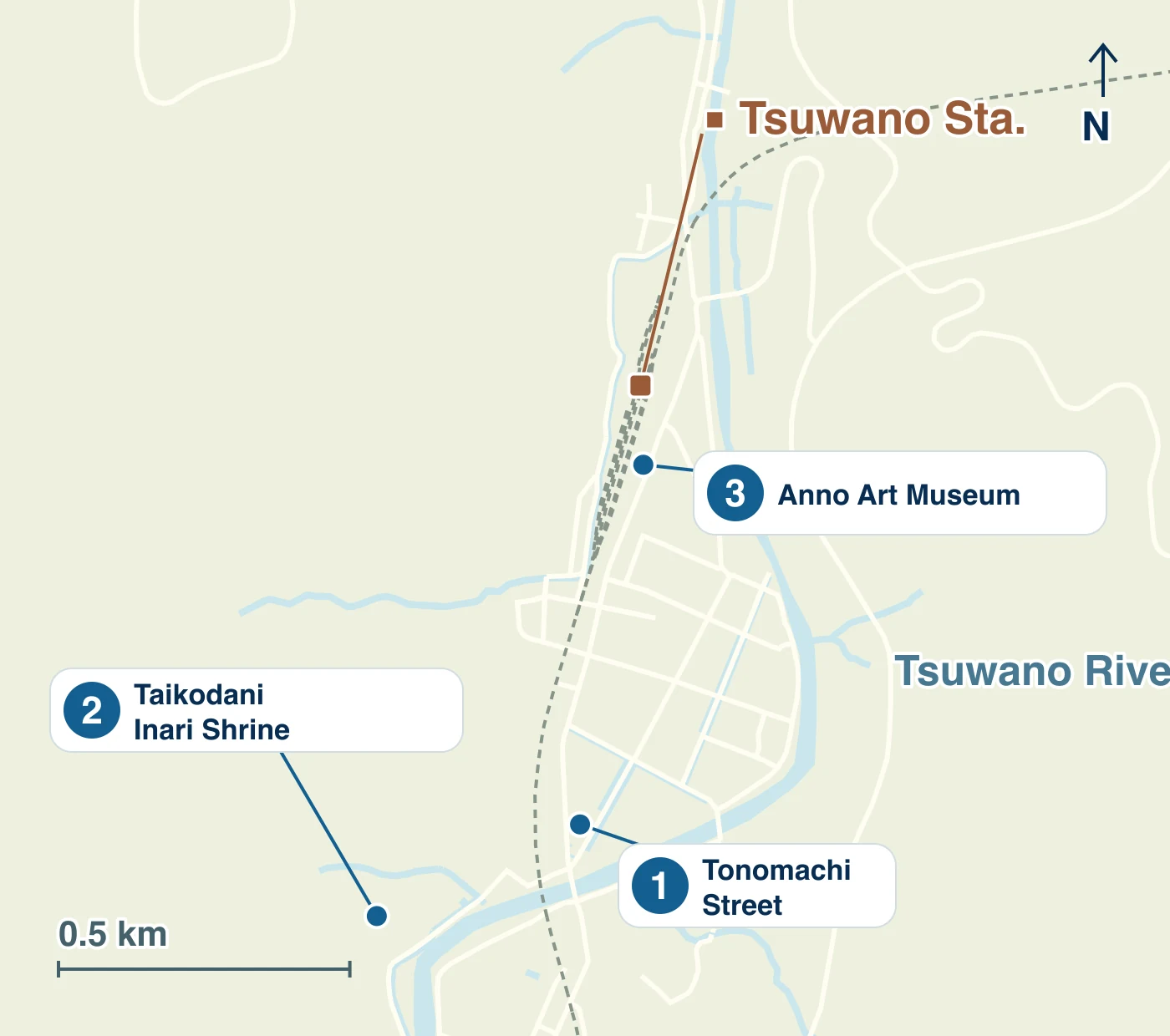 Map of Tsuwano Town showing stations, waterways, roads and the locations of 1 Tonomachi Street; 2 Taikodani Inari Shrine; 3 Anno Art Museum