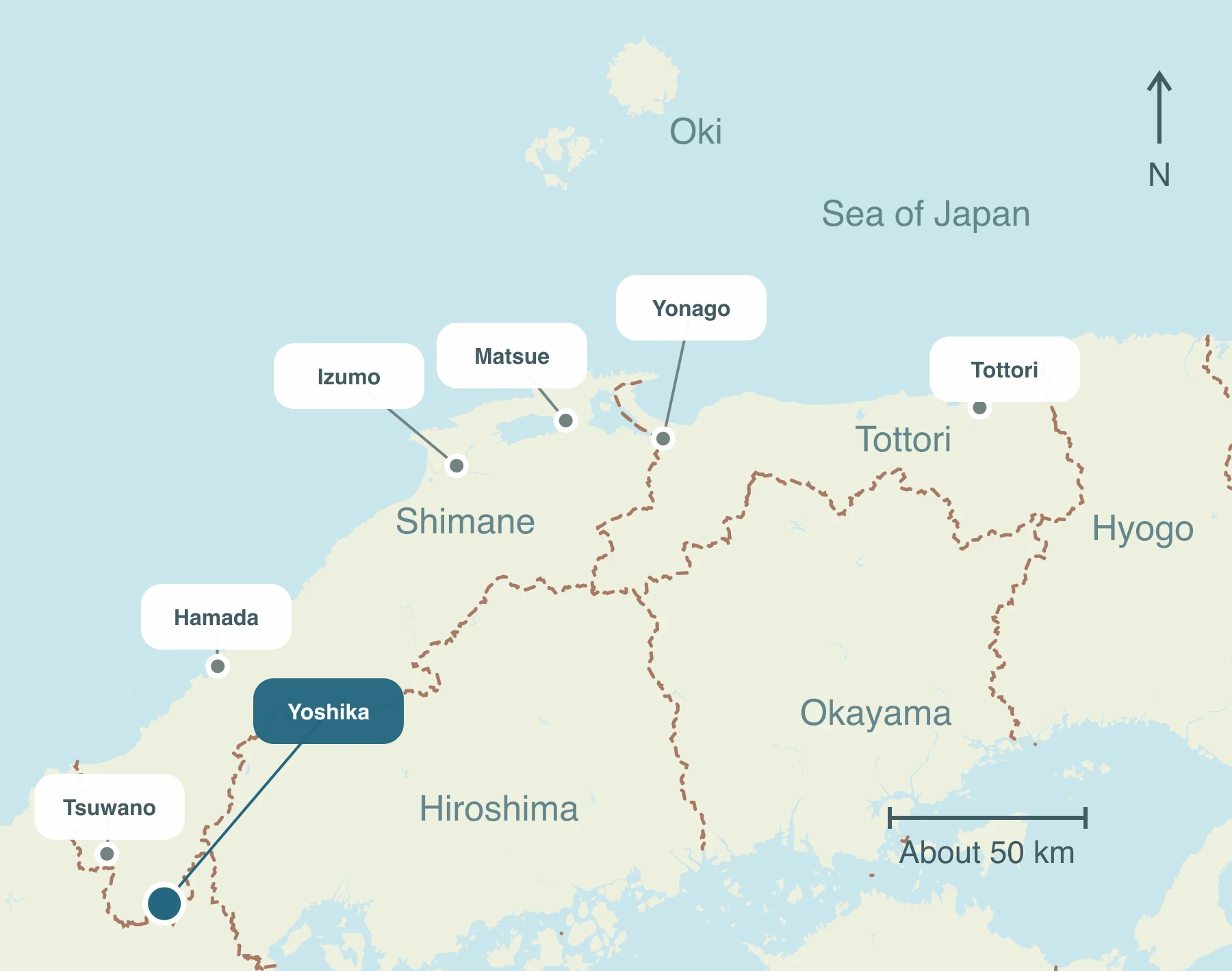 Map showing Yoshika Town and nearby regions within Sanin