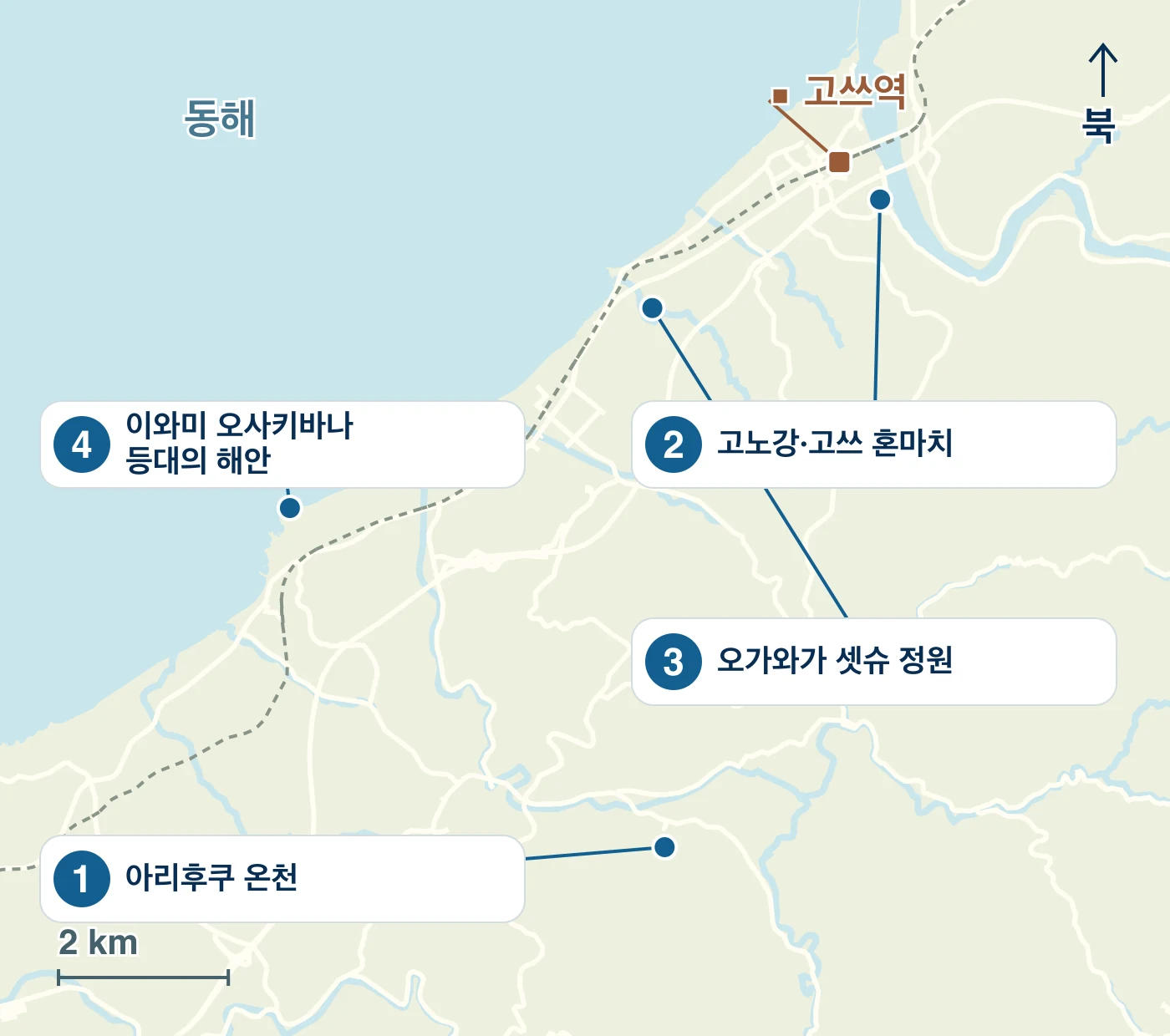 고쓰시의 역·물가·도로와 1 아리후쿠 온천, 2 고노강·고쓰 혼마치, 3 오가와가 셋슈 정원, 4 이와미 오사키바나 등대의 해안의 위치를 표시한 지도