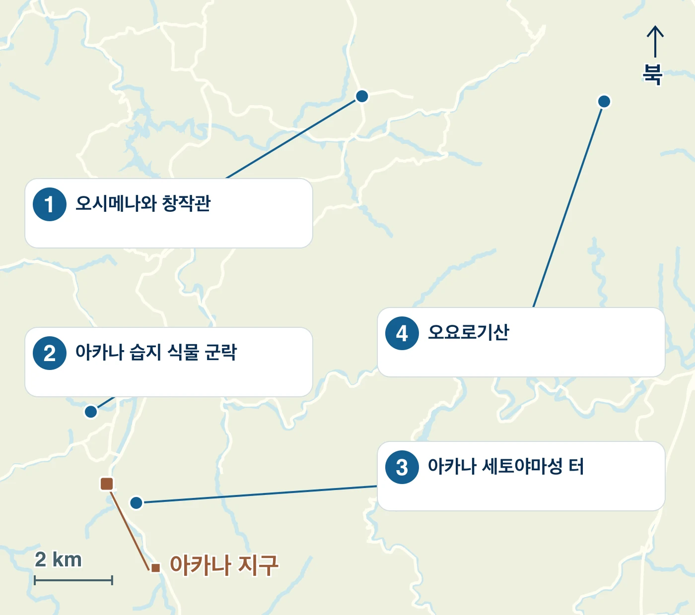 이난정의 역·물가·도로와 1 오시메나와 창작관, 2 아카나 습지 식물 군락, 3 아카나 세토야마성 터, 4 오요로기산의 위치를 표시한 지도