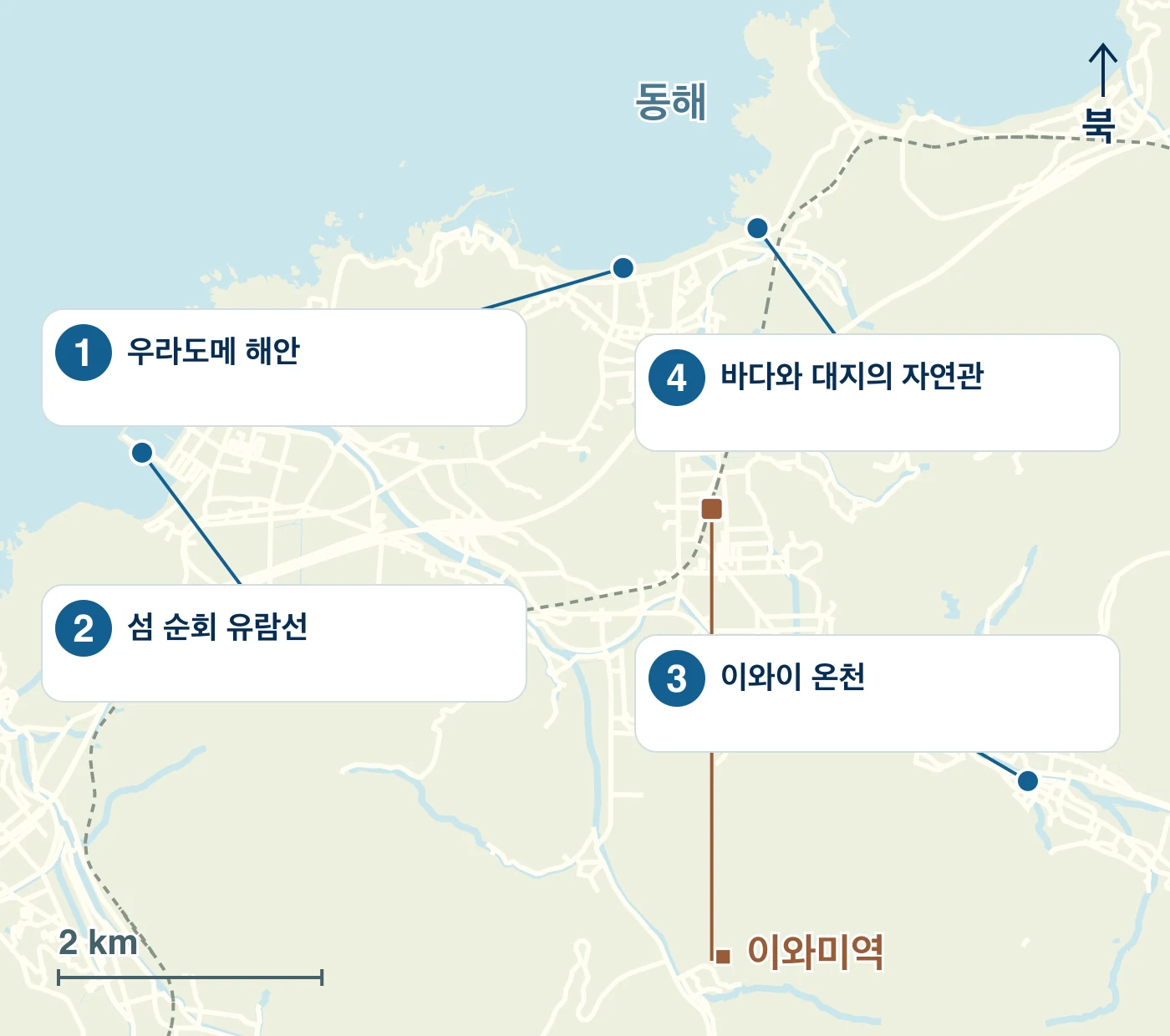 이와미정의 역·물가·도로와 1 우라도메 해안, 2 섬 순회 유람선, 3 이와이 온천, 4 바다와 대지의 자연관의 위치를 표시한 지도