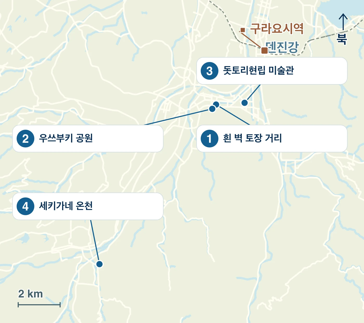 구라요시시의 역·물가·도로와 1 흰 벽 토장 거리, 2 우쓰부키 공원, 3 돗토리현립 미술관, 4 세키가네 온천의 위치를 표시한 지도