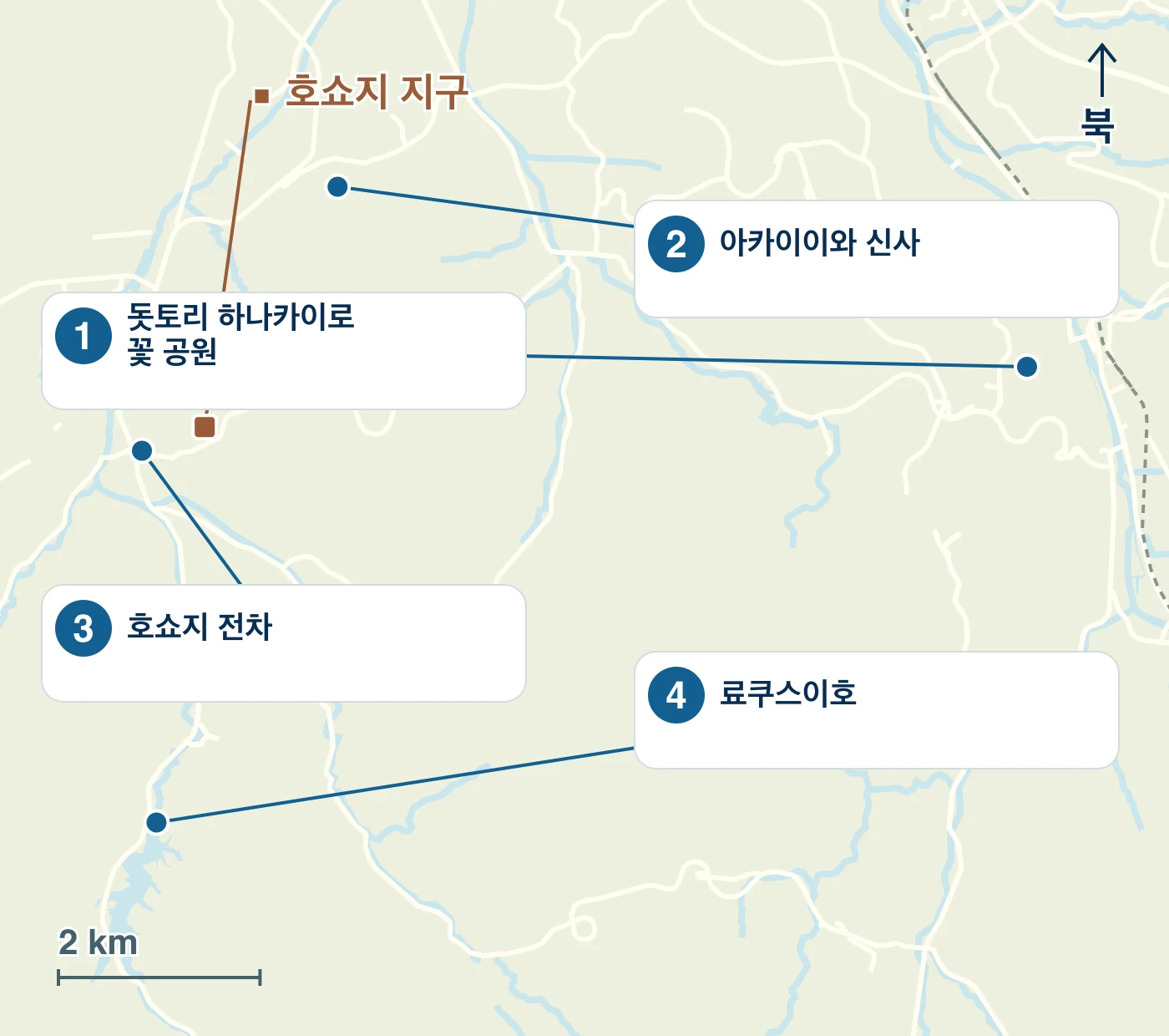 난부초의 역·물가·도로와 1 돗토리 하나카이로 꽃 공원, 2 아카이이와 신사, 3 호쇼지 전차, 4 료쿠스이호의 위치를 표시한 지도
