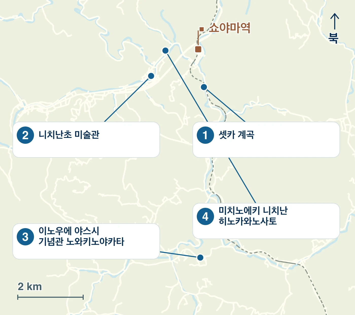 니치난정의 역·물가·도로와 1 셋카 계곡, 2 니치난초 미술관, 3 이노우에 야스시 기념관 노와키노야카타, 4 미치노에키 니치난 히노카와노사토의 위치를 표시한 지도