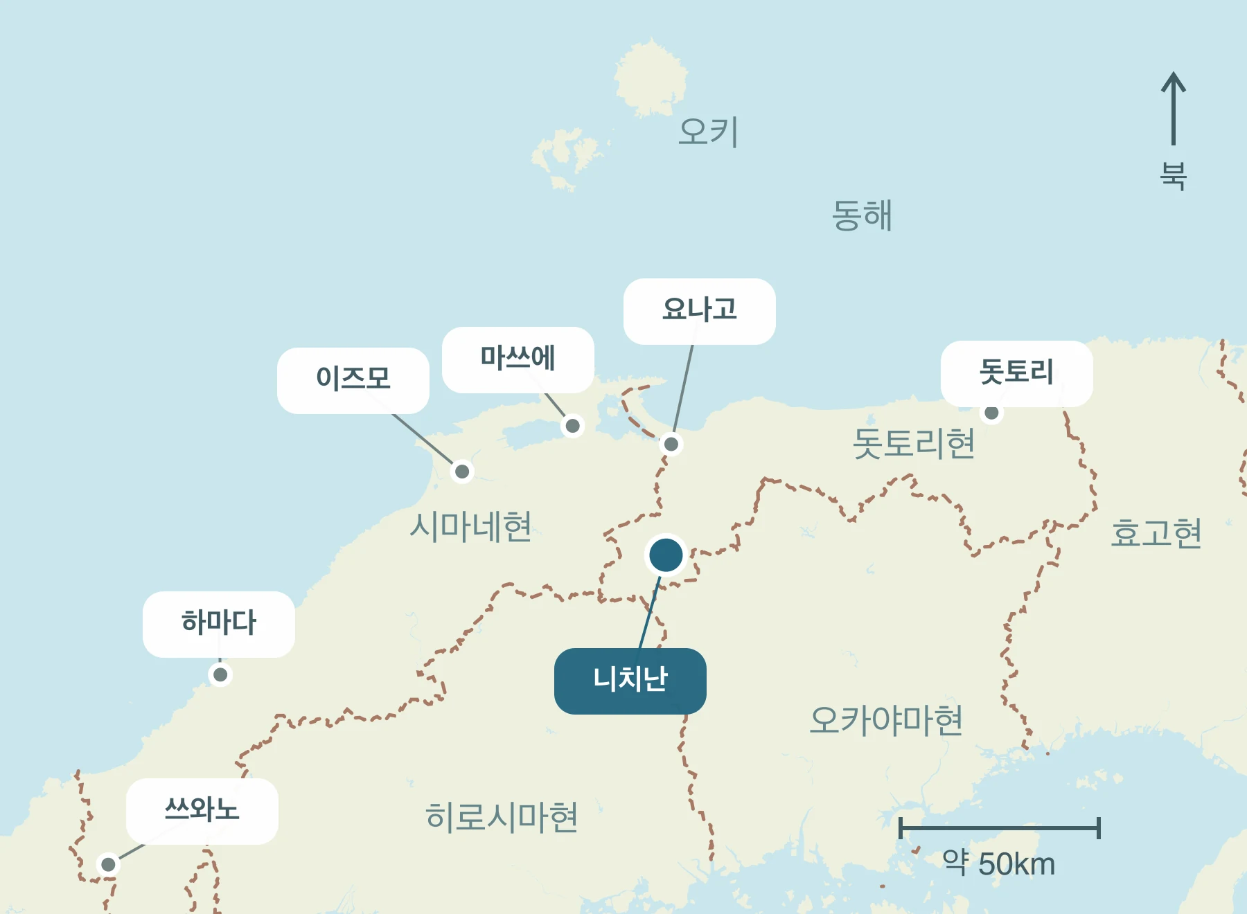 산인 내 니치난정과 주변 지역의 위치를 표시한 지도