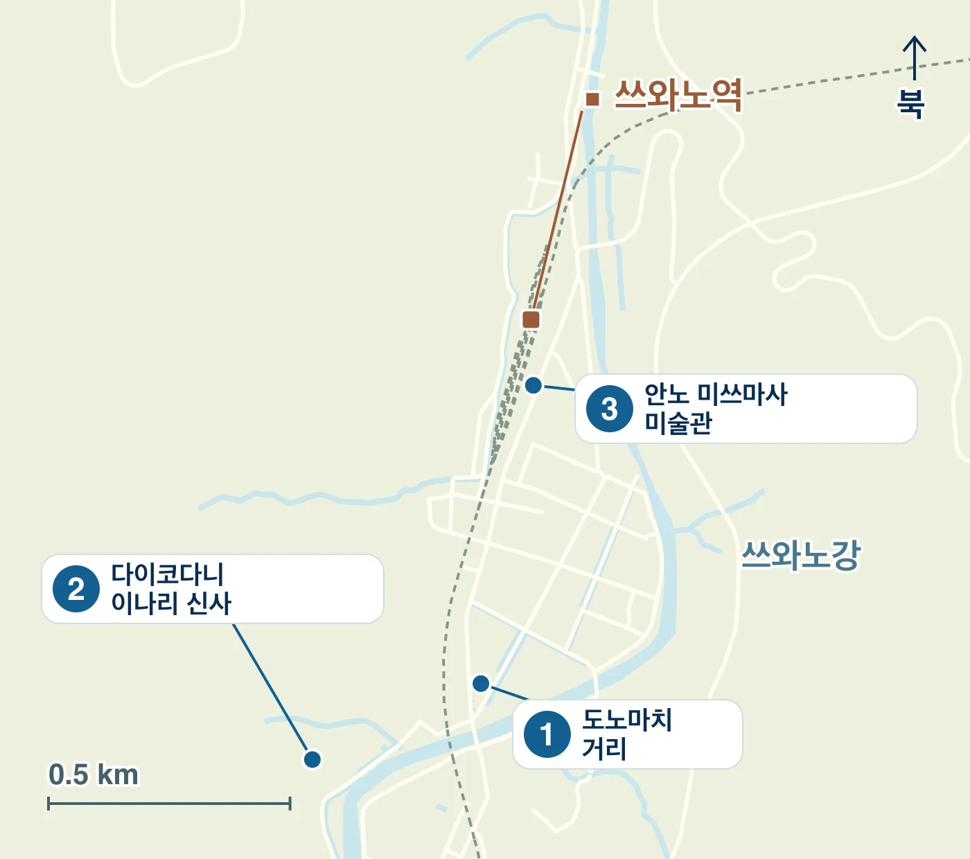 쓰와노정의 역·물가·도로와 1 도노마치 거리, 2 다이코다니 이나리 신사, 3 안노 미쓰마사 미술관의 위치를 표시한 지도
