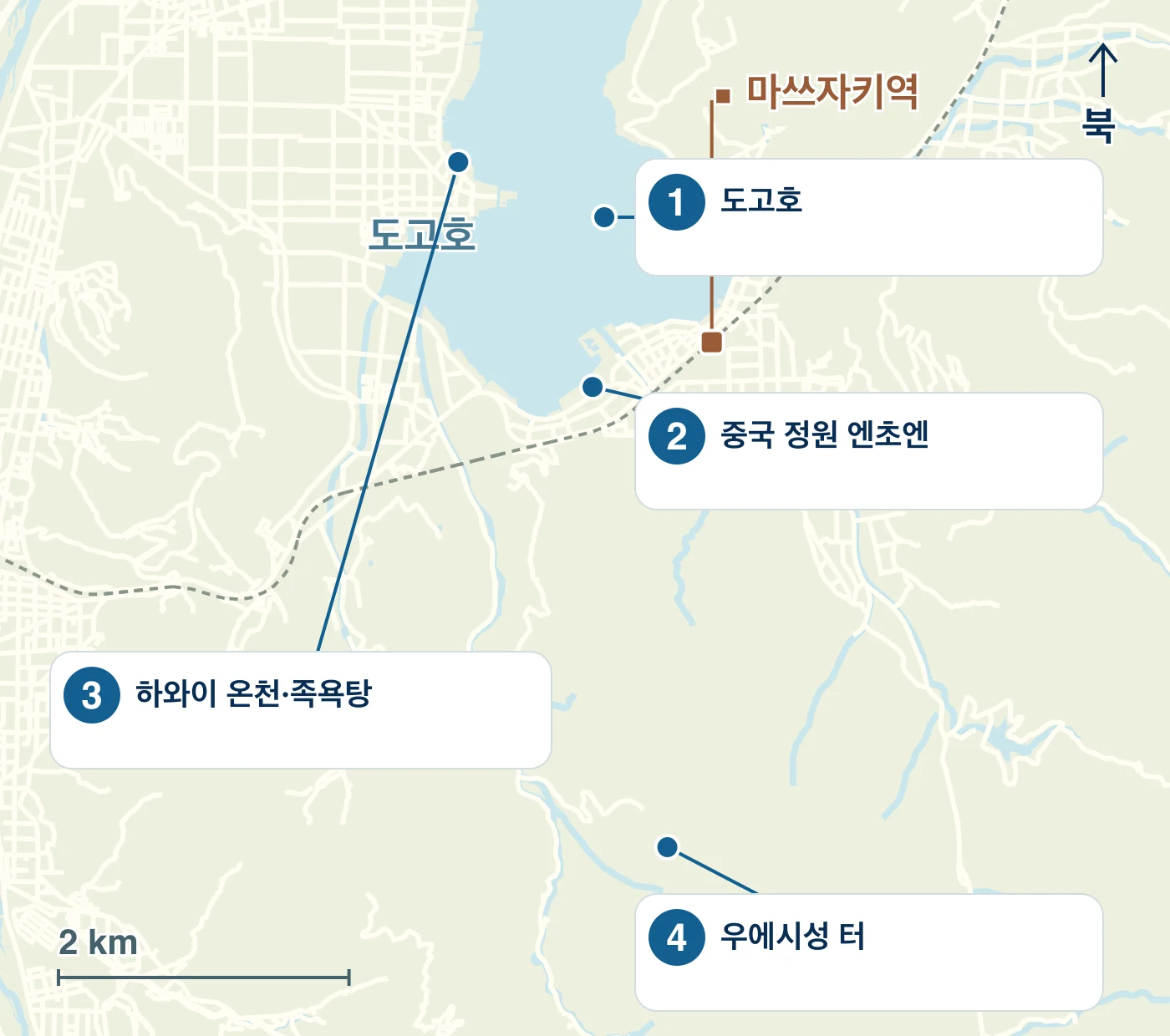 유리하마정의 역·물가·도로와 1 도고호, 2 중국 정원 엔초엔, 3 하와이 온천·족욕탕, 4 우에시성 터의 위치를 표시한 지도
