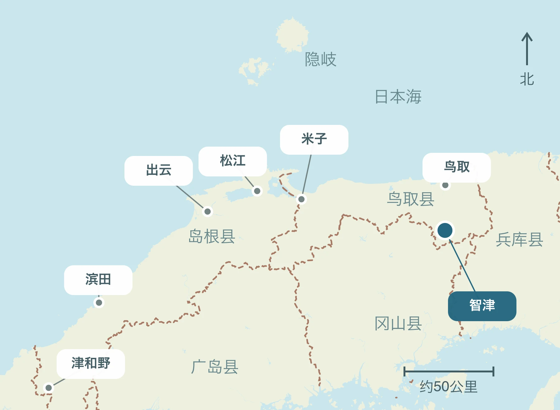 显示整个山阴地区智头町及其附近区域的位置的地图