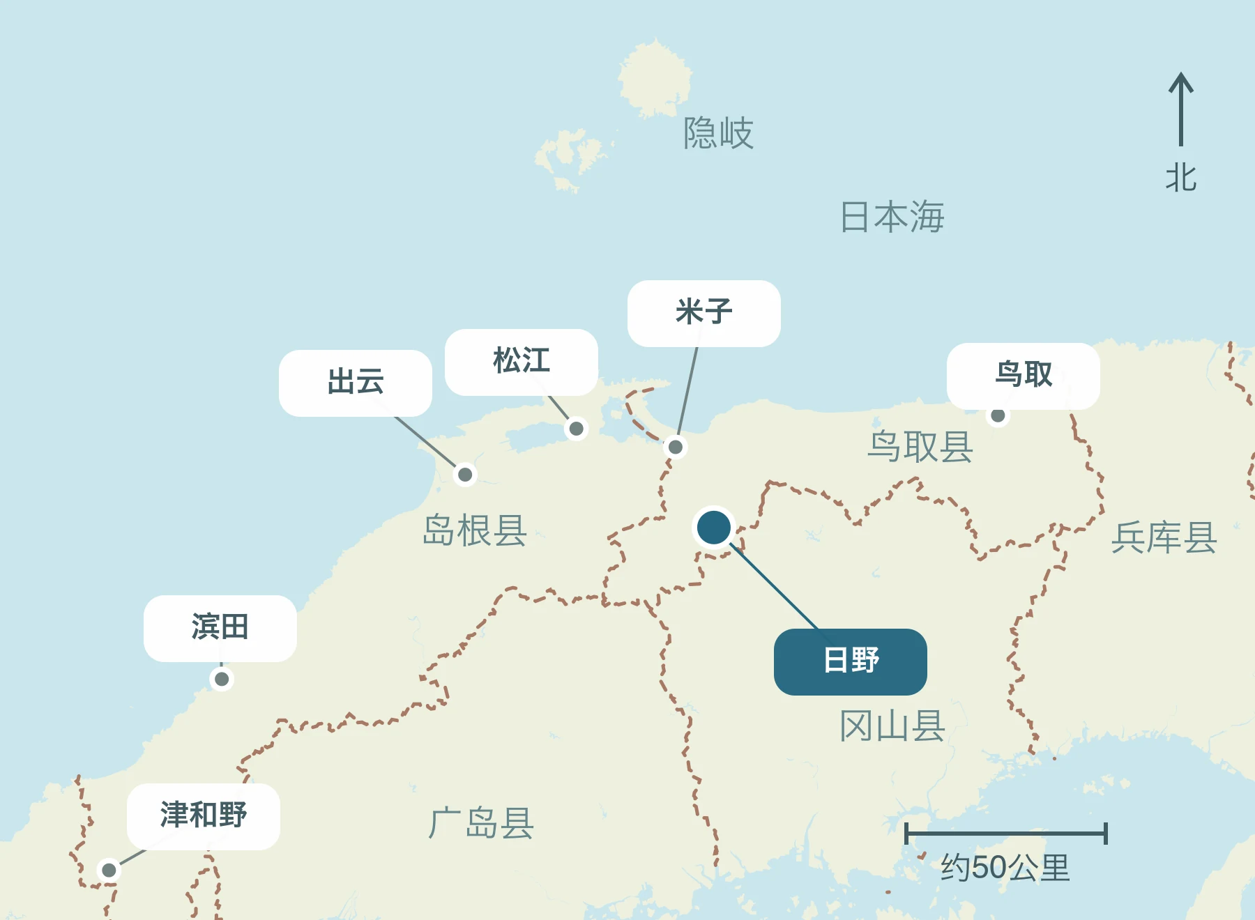 显示整个山阴地区日野镇及其附近区域的位置的地图