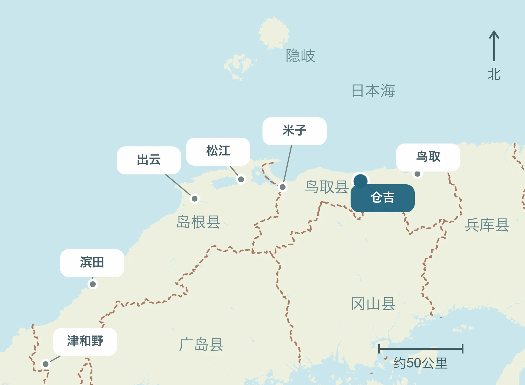 显示整个山阴地区仓吉市及其附近区域的位置的地图