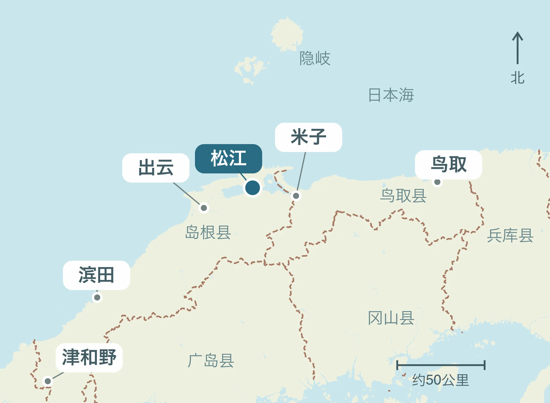 显示整个山阴地区松江市及其附近区域的位置的地图