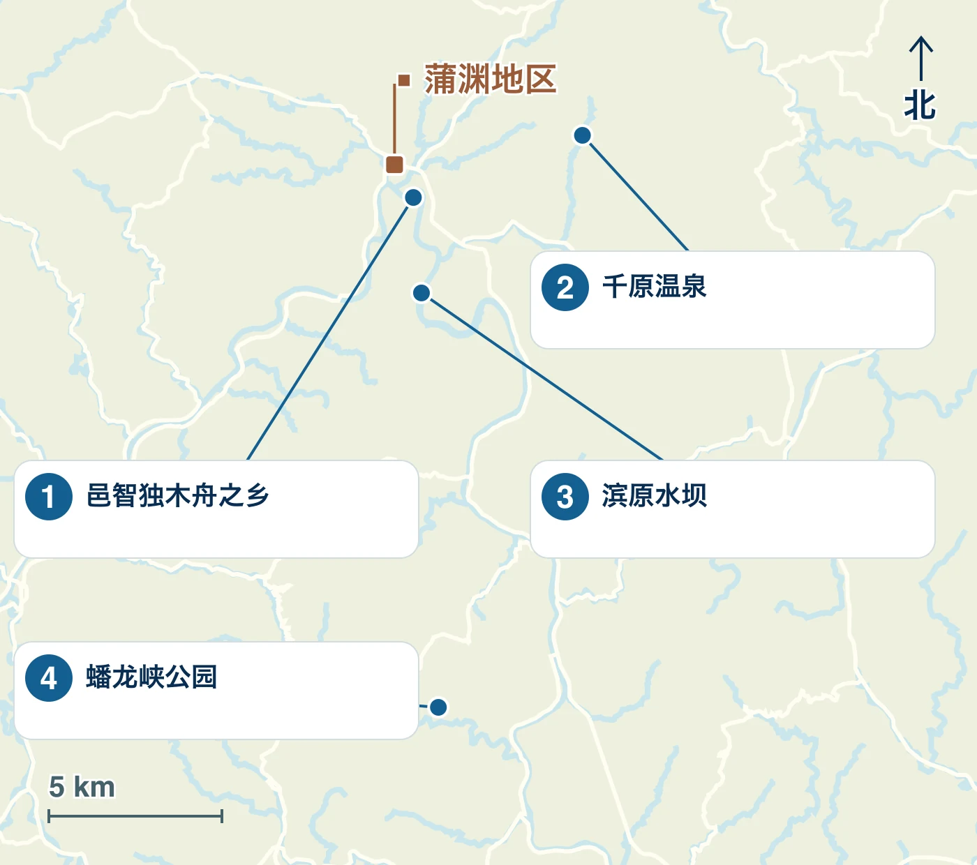 地图显示了美乡町的车站、海滨和道路，以及 1 邑智独木舟之乡、2 千原温泉、3 滨原水坝和 4 蟠龙峡公园 的位置。
