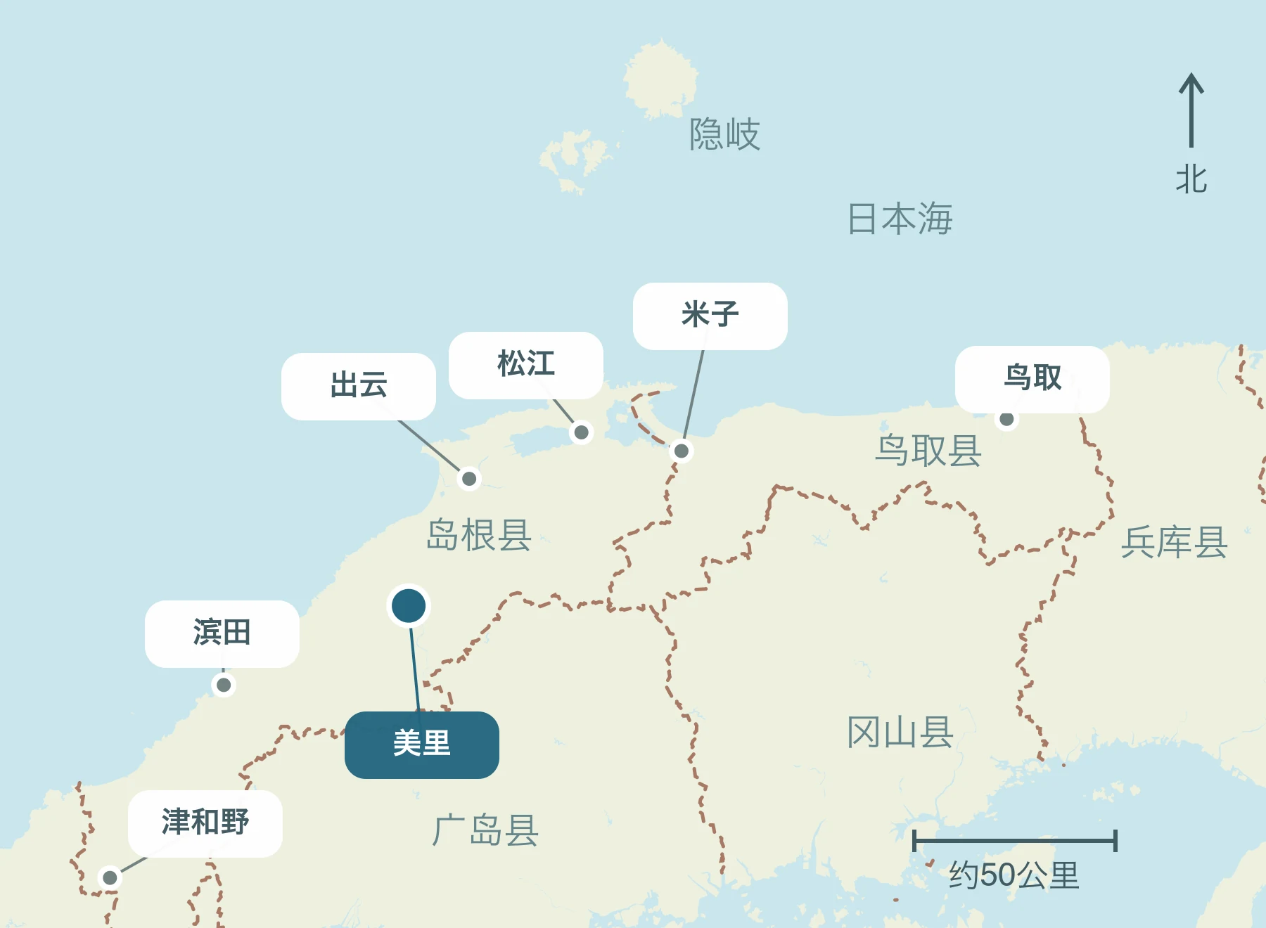 显示整个山阴地区美乡町及其附近区域的位置的地图