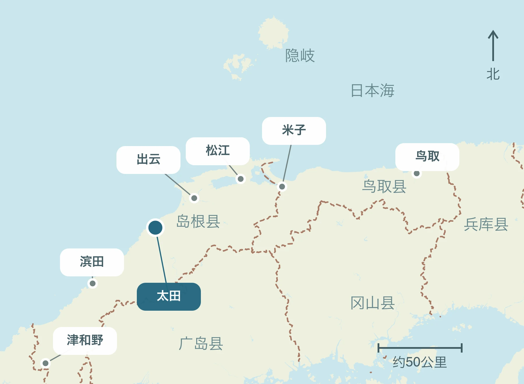 显示整个山阴地区大田市及其附近区域的位置的地图
