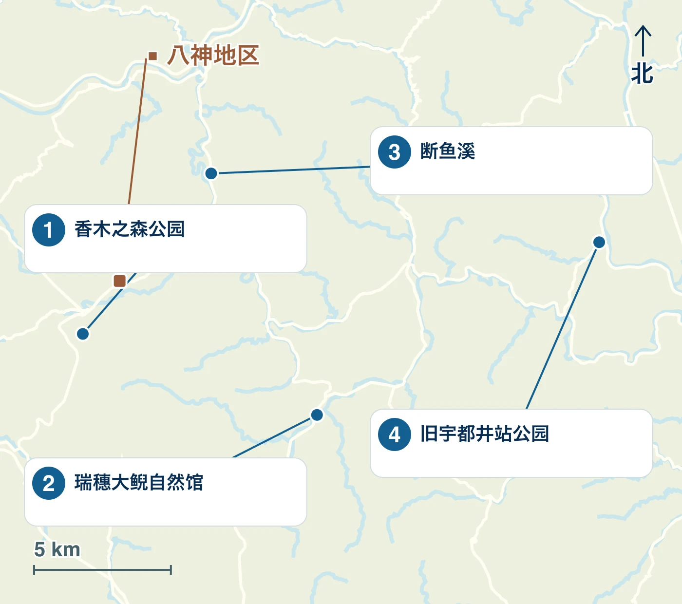 显示邑南町的车站、海滨和道路以及1 香木之森公园、2 瑞穗大鲵自然馆、3 断鱼溪和4 旧宇都井站公园的位置的地图