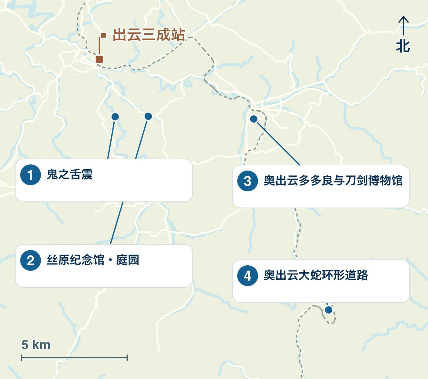 地图显示了奥出云町的车站、水边和道路,以及 1 鬼之舌震、2 丝原纪念馆・庭园、3 奥出云多多良刀剑博物馆和 4 奥出云大蛇环形道路 的位置