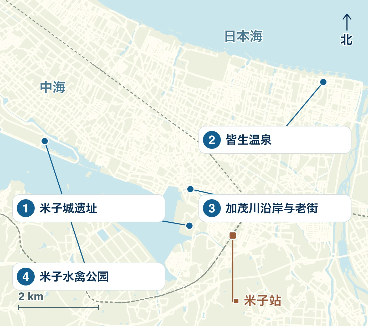 地图显示了米子市的车站、海滨和道路,以及 1 米子城遗址、2 皆生 温泉、3 加茂川沿岸与老街 和 4 米子水禽公园的位置。