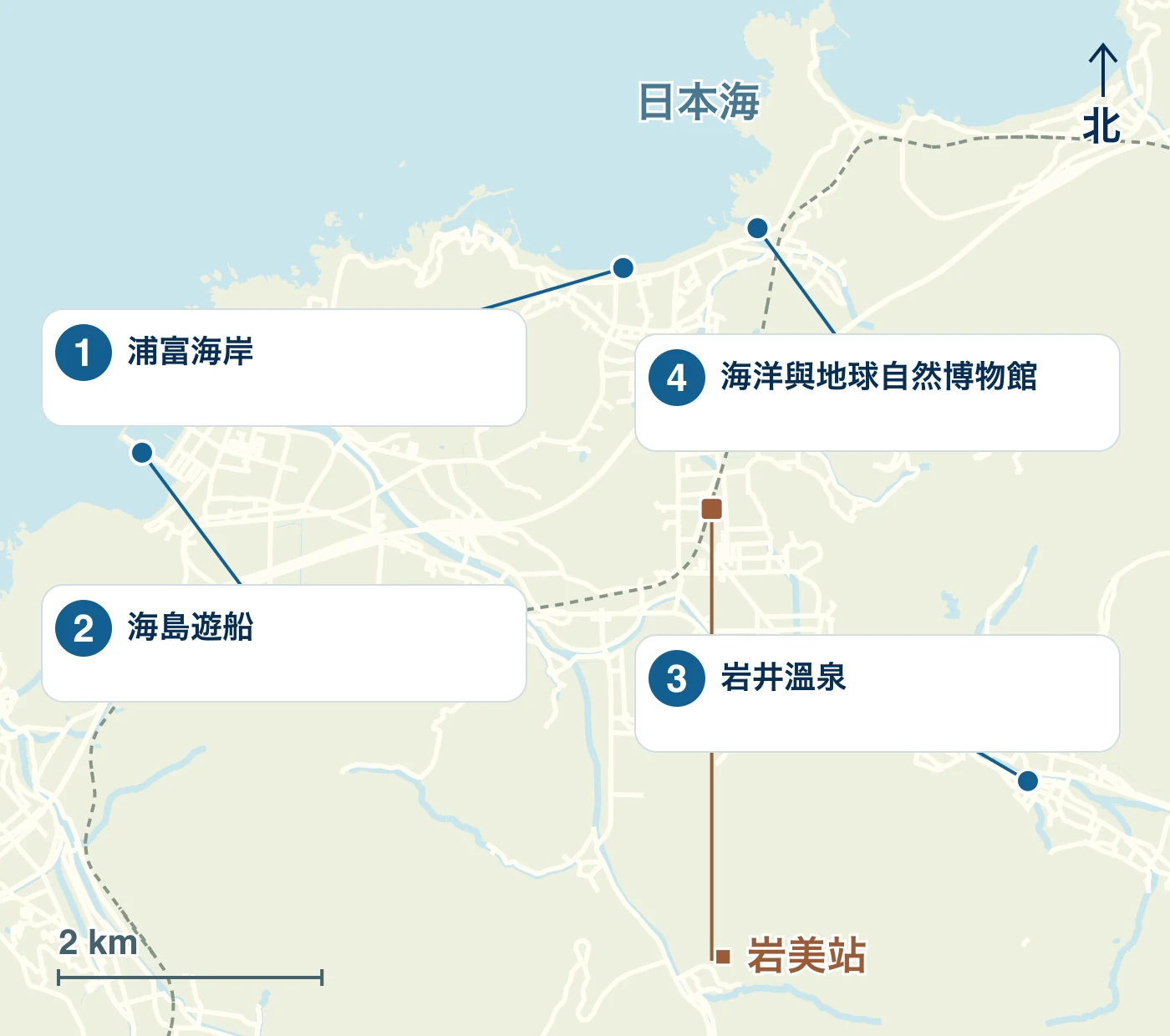 岩美町的車站、水邊、道路以及1.浦富海岸、2.環島遊船、3.岩井溫泉、4.海地自然博物館等地點的地圖。