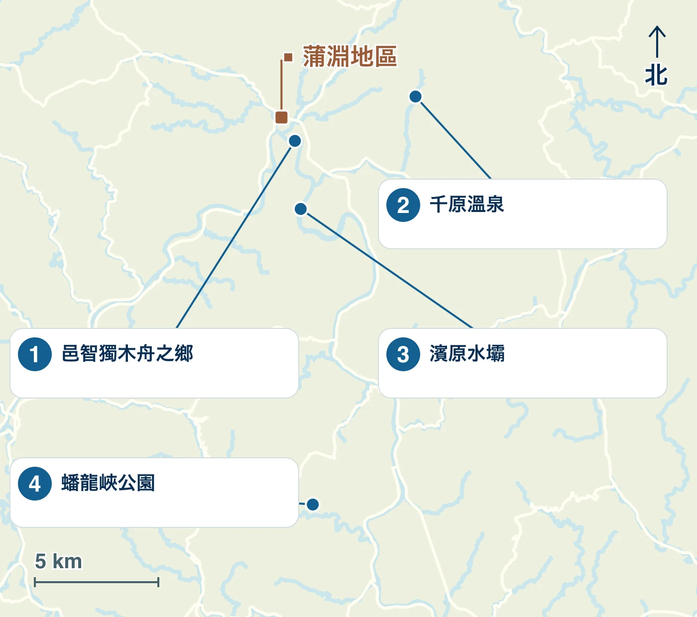 地圖顯示了美鄉町的車站、水邊和道路,以及 1 邑智獨木舟之鄉、2 千原溫泉、3 濱原水庫和 4 蟠龍峽公園 的位置。