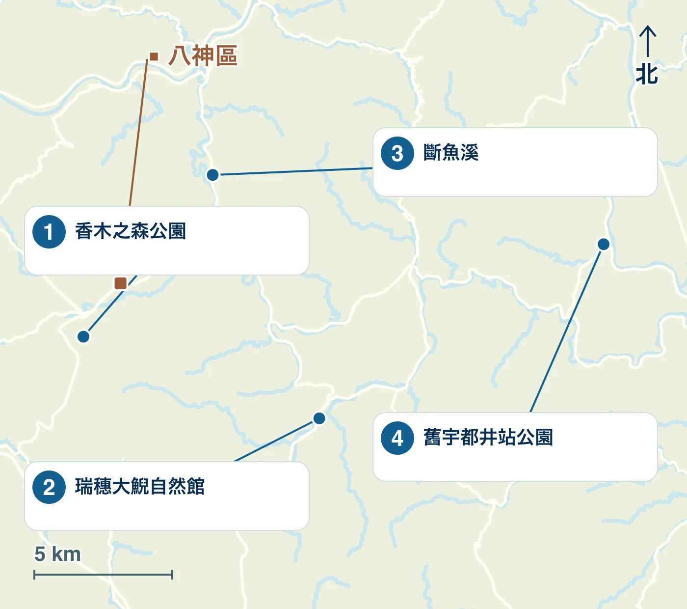 顯示邑南町的車站、海濱和道路以及1 香木之森公園、2 瑞穗大鯢自然館、3 斷魚溪和4 舊宇都井站公園的位置的地圖