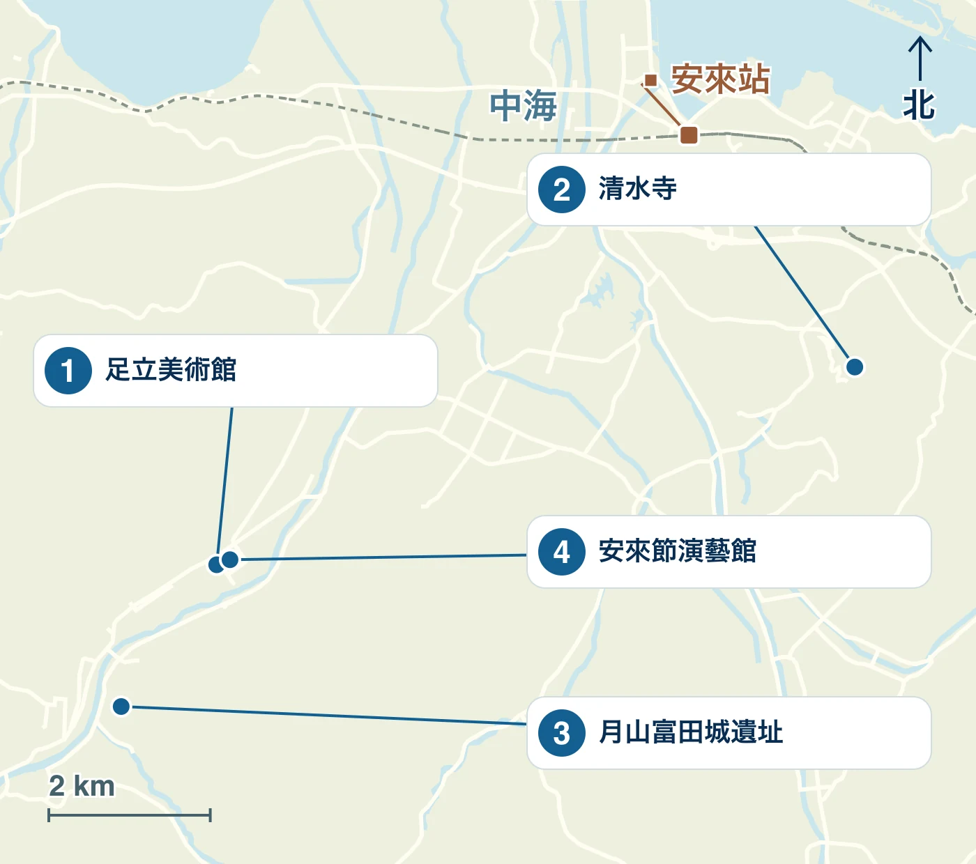 顯示安來市車站、水邊、道路以及1.足立美術館、2.清水寺、3.月山富田城跡、4.安來節演藝館等地點的地圖。