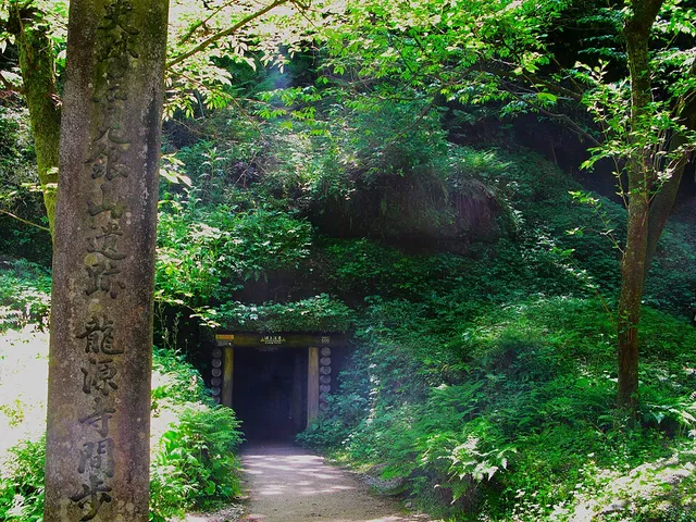 緑に囲まれた龍源寺間歩の坑道入口