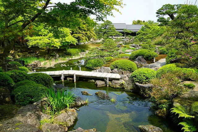 由志園の池と緑に囲まれた日本庭園
